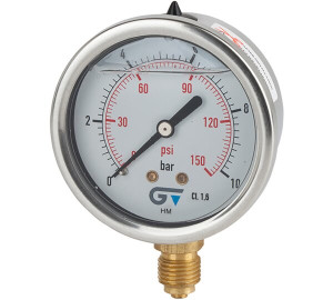 Manómetro Ø 63 com glicerina, saída inferior, rosca BSP 1/4".