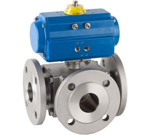 Válvula de esfera três vias 2540E, atuada com atuador pneumático GNP Genebre.