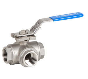 Válvula de esfera 3 vias tipo "L" inox 316 PN 63 base atuador NPT.